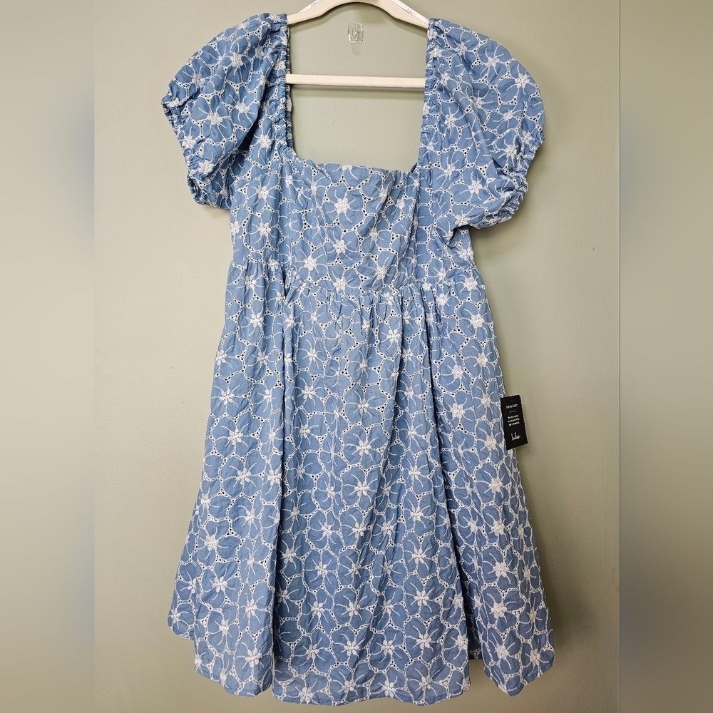 Lulus Fit to Frolic Blue Eyelet Lace Puff Sleeve Babydoll Dress, Size XXL - Picture 7 of 10